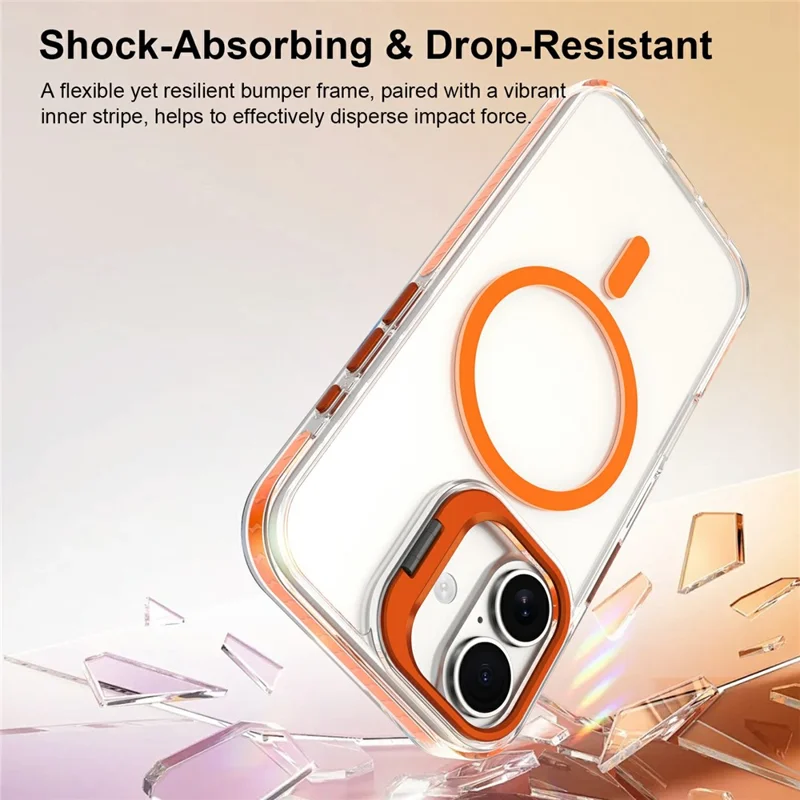 For iPhone 17 Magnetic Case Metal Camera Kickstand Clear PC + TPU Shockproof Protective Cover - Transparent Orange