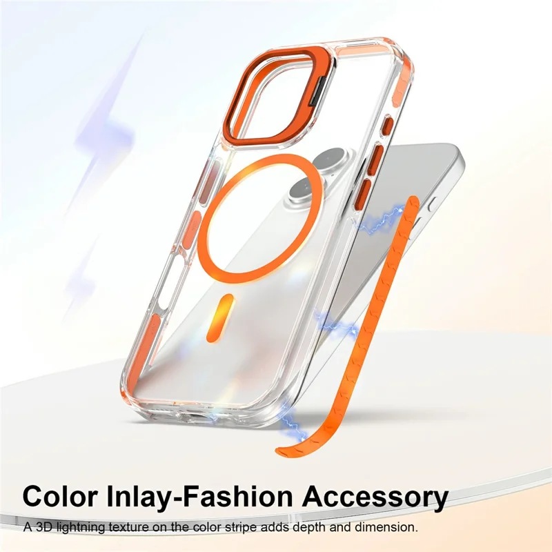 For iPhone 17 Magnetic Case Metal Camera Kickstand Clear PC + TPU Shockproof Protective Cover - Transparent Orange