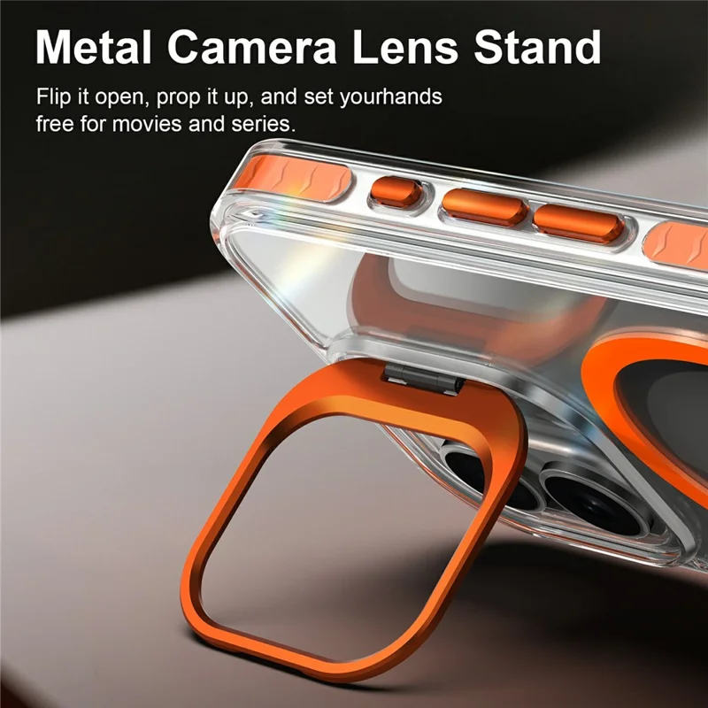 For iPhone 17 Magnetic Case Metal Camera Kickstand Clear PC + TPU Shockproof Protective Cover - Transparent Orange