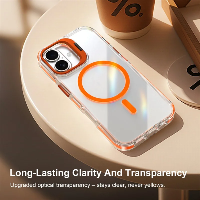 For iPhone 17 Magnetic Case Metal Camera Kickstand Clear PC + TPU Shockproof Protective Cover - Transparent Orange