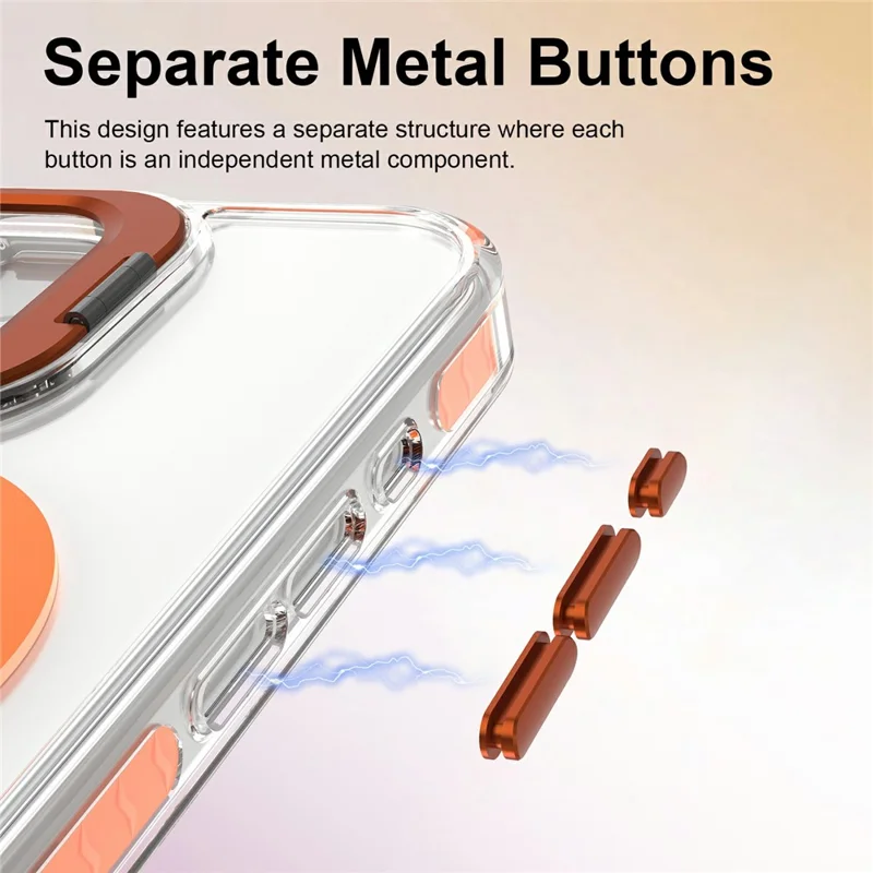 For iPhone 17 Magnetic Case Metal Camera Kickstand Clear PC + TPU Shockproof Protective Cover - Transparent Orange