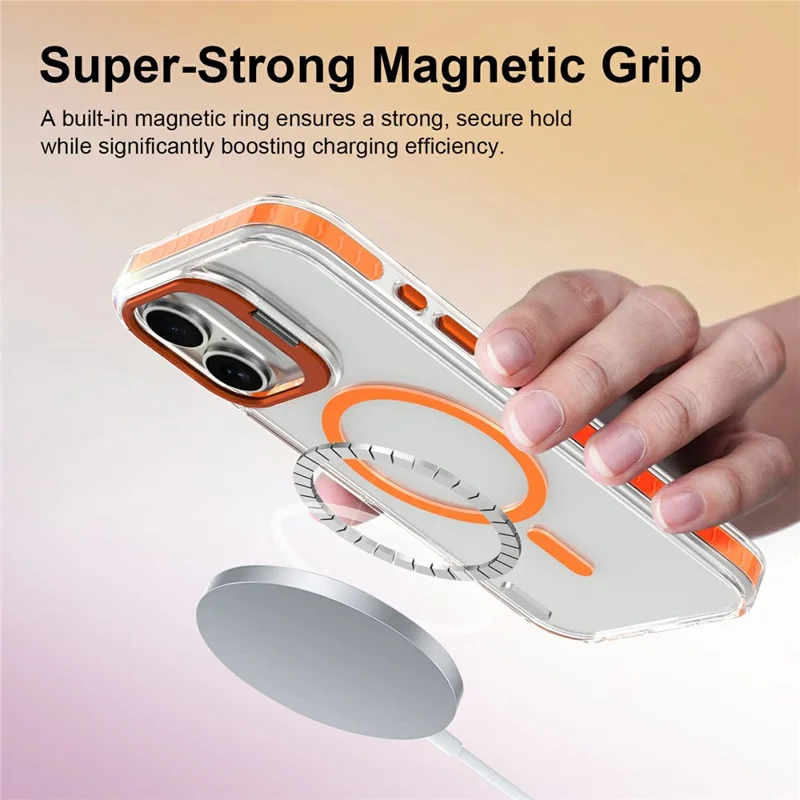 For iPhone 17 Magnetic Case Metal Camera Kickstand Clear PC + TPU Shockproof Protective Cover - Transparent Orange
