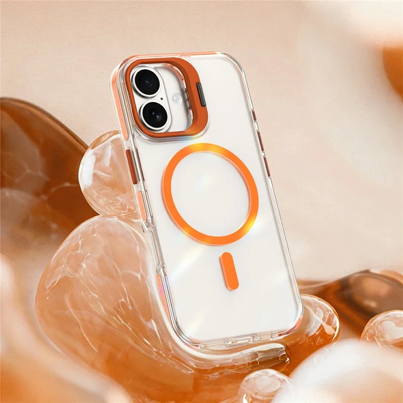 For iPhone 17 Magnetic Case Metal Camera Kickstand Clear PC + TPU Shockproof Protective Cover - Transparent Orange