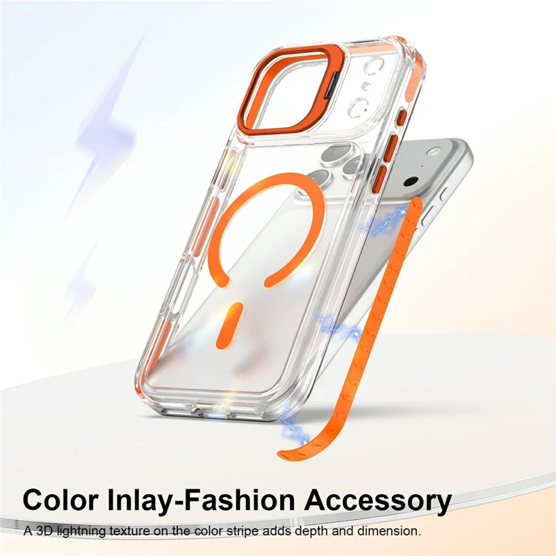 For iPhone 17 Pro Max Magnetic Case Metal Camera Kickstand Clear PC + TPU Shockproof Protective Cover - Transparent Orange