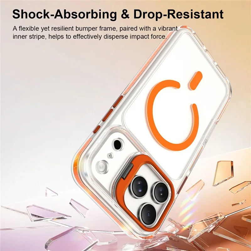 For iPhone 17 Pro Magnetic Case Metal Camera Kickstand Clear PC + TPU Shockproof Protective Cover - Transparent Orange
