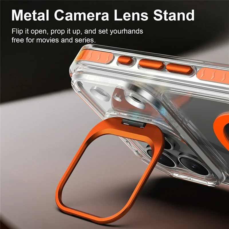 For iPhone 17 Pro Magnetic Case Metal Camera Kickstand Clear PC + TPU Shockproof Protective Cover - Transparent Orange