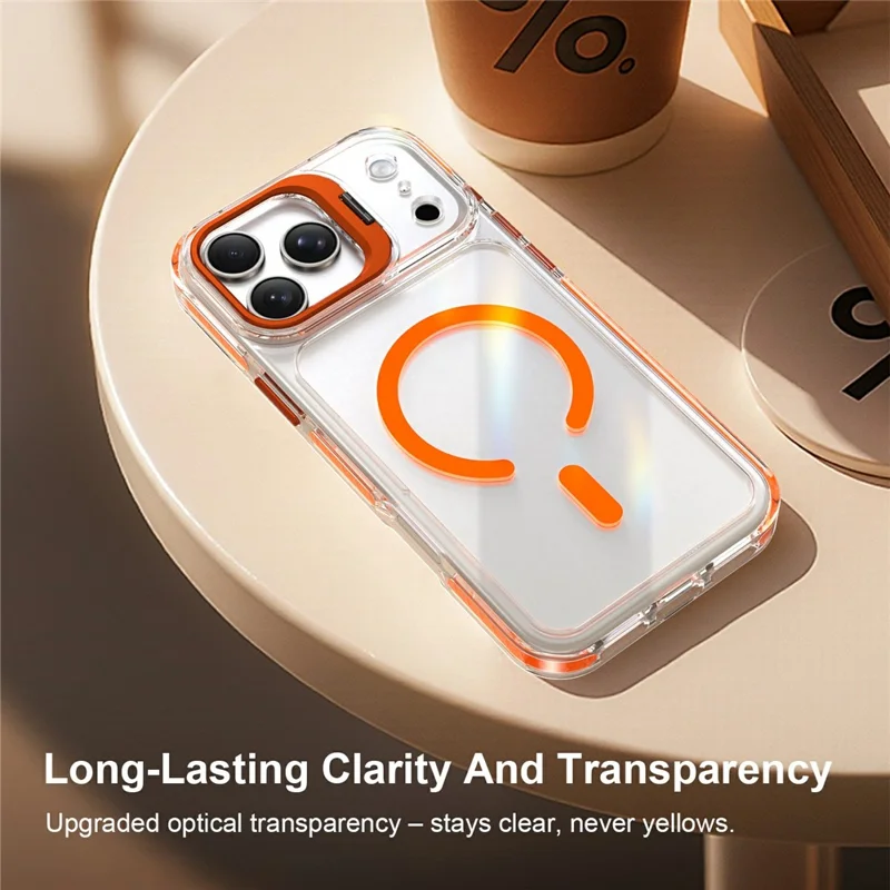 For iPhone 17 Pro Magnetic Case Metal Camera Kickstand Clear PC + TPU Shockproof Protective Cover - Transparent Orange