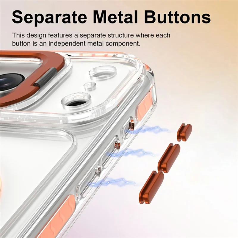 For iPhone 17 Pro Magnetic Case Metal Camera Kickstand Clear PC + TPU Shockproof Protective Cover - Transparent Orange