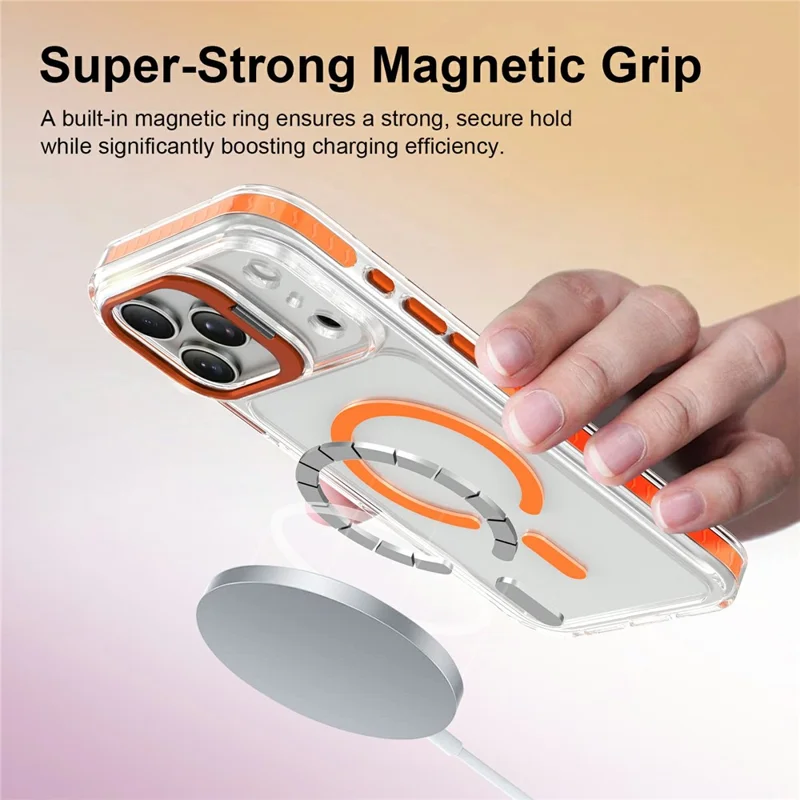 For iPhone 17 Pro Magnetic Case Metal Camera Kickstand Clear PC + TPU Shockproof Protective Cover - Transparent Orange