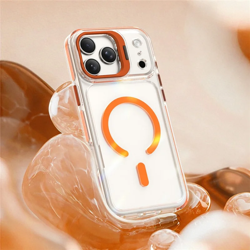 For iPhone 17 Pro Magnetic Case Metal Camera Kickstand Clear PC + TPU Shockproof Protective Cover - Transparent Orange