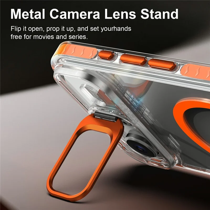 For iPhone Air Magnetic Case Metal Camera Kickstand Clear PC + TPU Shockproof Protective Cover - Transparent Orange