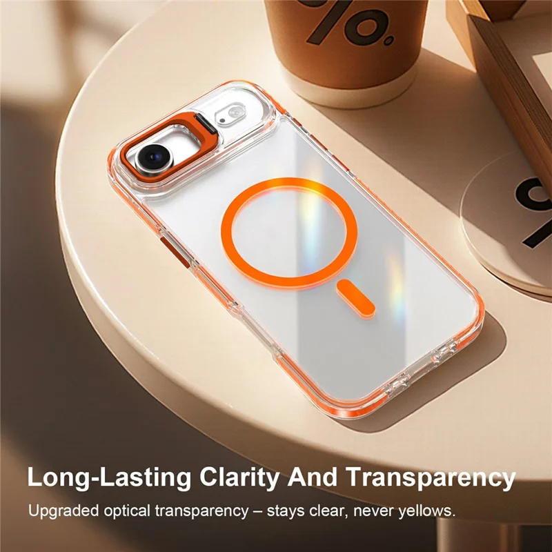 For iPhone Air Magnetic Case Metal Camera Kickstand Clear PC + TPU Shockproof Protective Cover - Transparent Orange