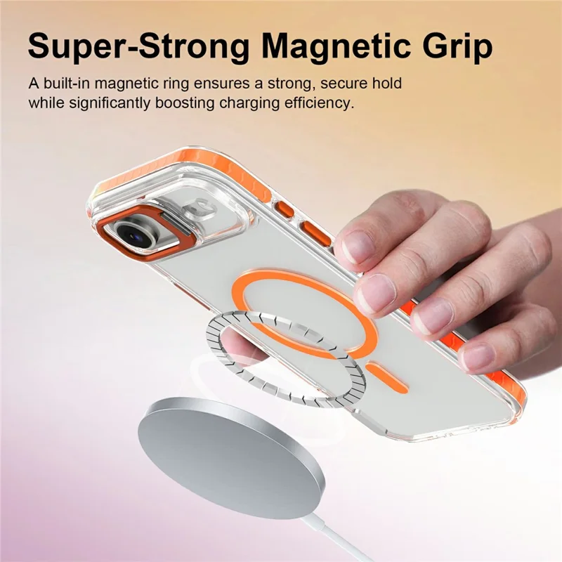 For iPhone Air Magnetic Case Metal Camera Kickstand Clear PC + TPU Shockproof Protective Cover - Transparent Orange