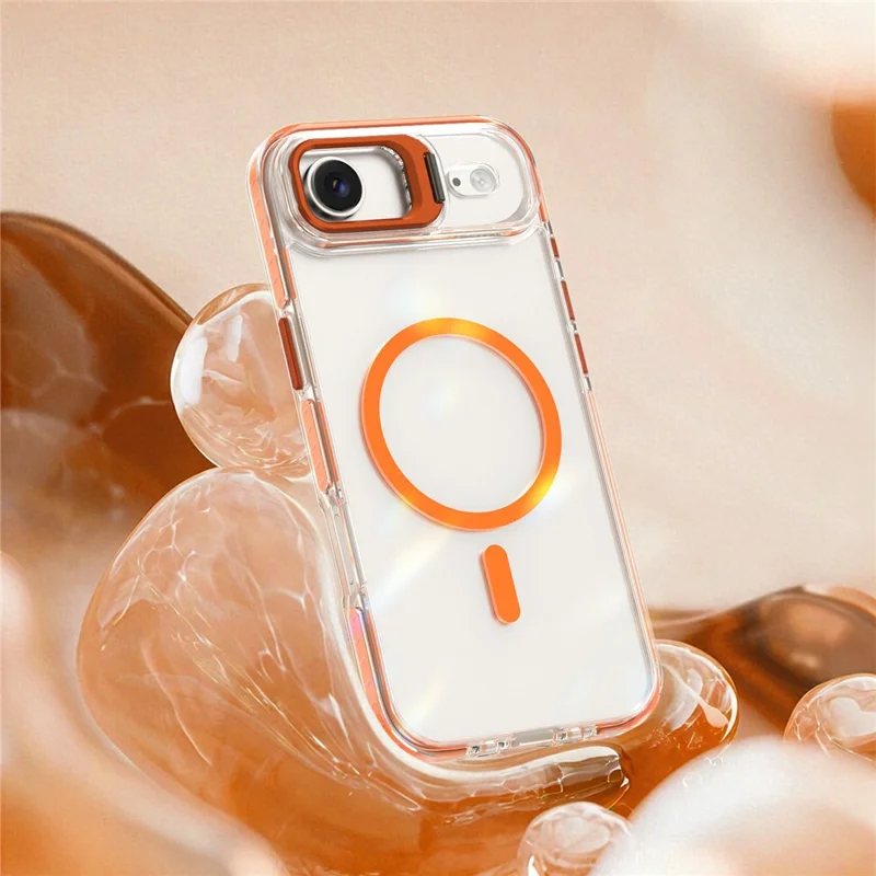For iPhone Air Magnetic Case Metal Camera Kickstand Clear PC + TPU Shockproof Protective Cover - Transparent Orange