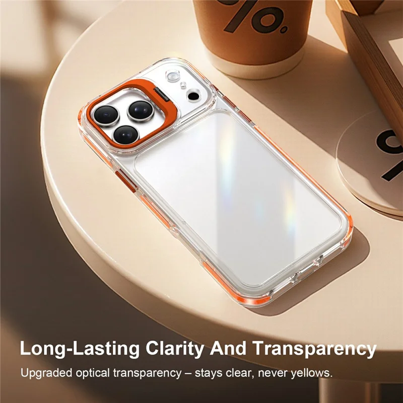 For iPhone 17 Pro Max Case Metal Camera Kickstand Shockproof Clear PC + TPU Phone Cover - Transparent Orange