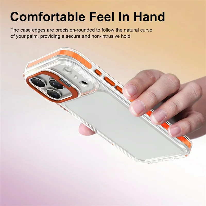 For iPhone 17 Pro Max Case Metal Camera Kickstand Shockproof Clear PC + TPU Phone Cover - Transparent Orange