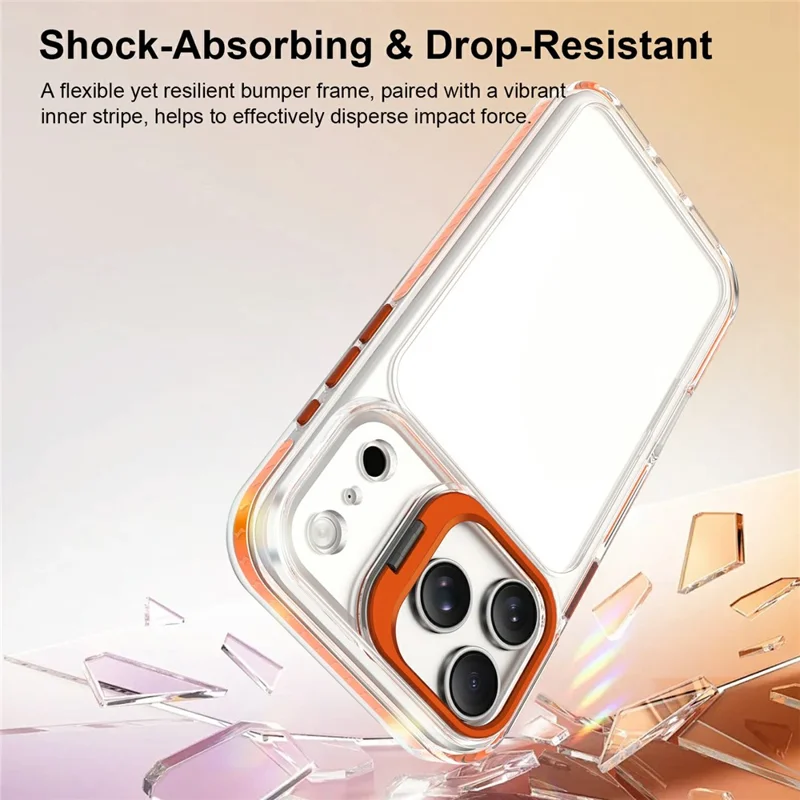 For iPhone 17 Pro Case Metal Camera Kickstand Shockproof Clear PC + TPU Phone Cover - Transparent Orange