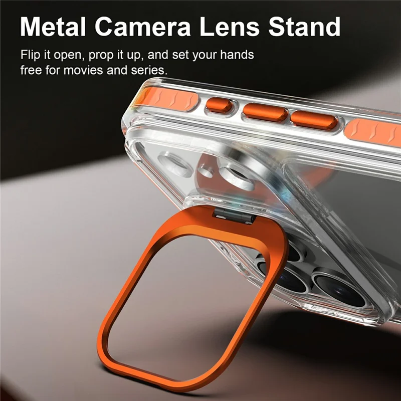 For iPhone 17 Pro Case Metal Camera Kickstand Shockproof Clear PC + TPU Phone Cover - Transparent Orange