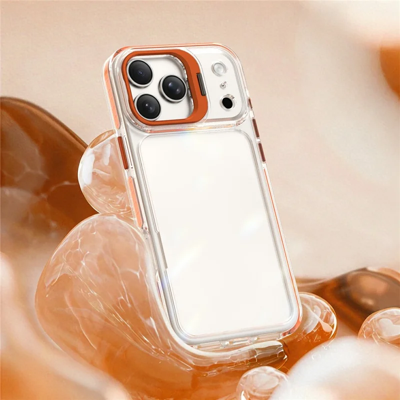 For iPhone 17 Pro Case Metal Camera Kickstand Shockproof Clear PC + TPU Phone Cover - Transparent Orange