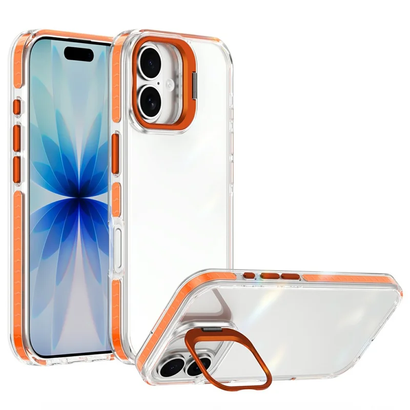 For iPhone 17 Case Metal Camera Kickstand Shockproof Clear PC + TPU Phone Cover - Transparent Orange