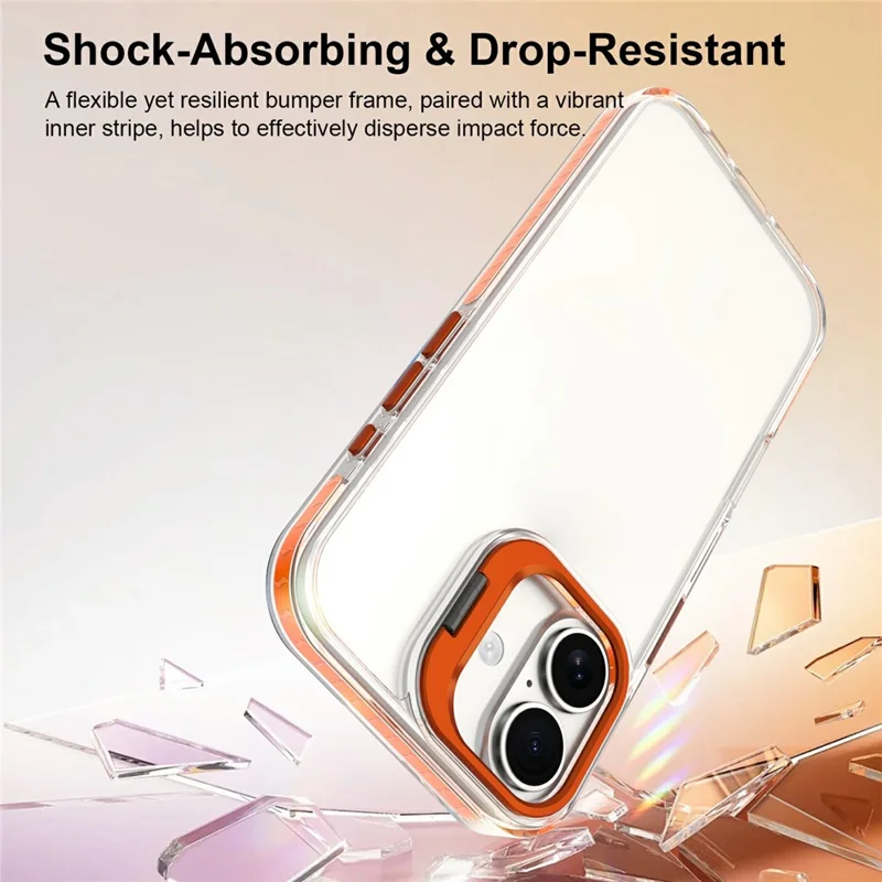 For iPhone 17 Case Metal Camera Kickstand Shockproof Clear PC + TPU Phone Cover - Transparent Orange