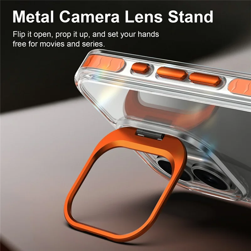 For iPhone 17 Case Metal Camera Kickstand Shockproof Clear PC + TPU Phone Cover - Transparent Orange