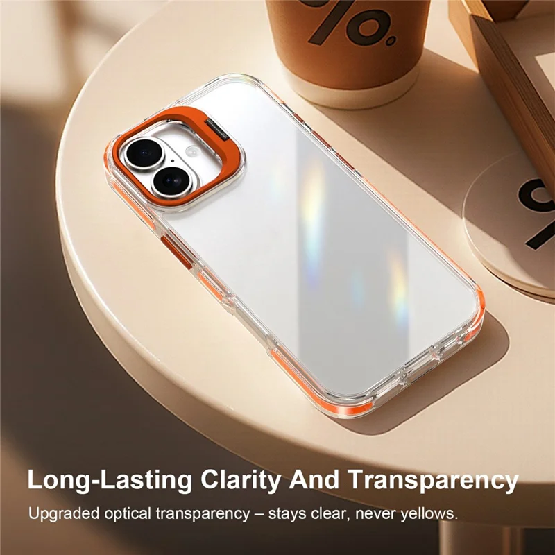 For iPhone 17 Case Metal Camera Kickstand Shockproof Clear PC + TPU Phone Cover - Transparent Orange