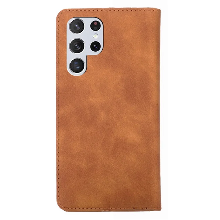 Para Samsung Galaxy S23 Ultra Skin-touch Feeling Magnetic Auto-absorbed Phone Stand Cover PU Leather Case with Card Holder - Light Brown