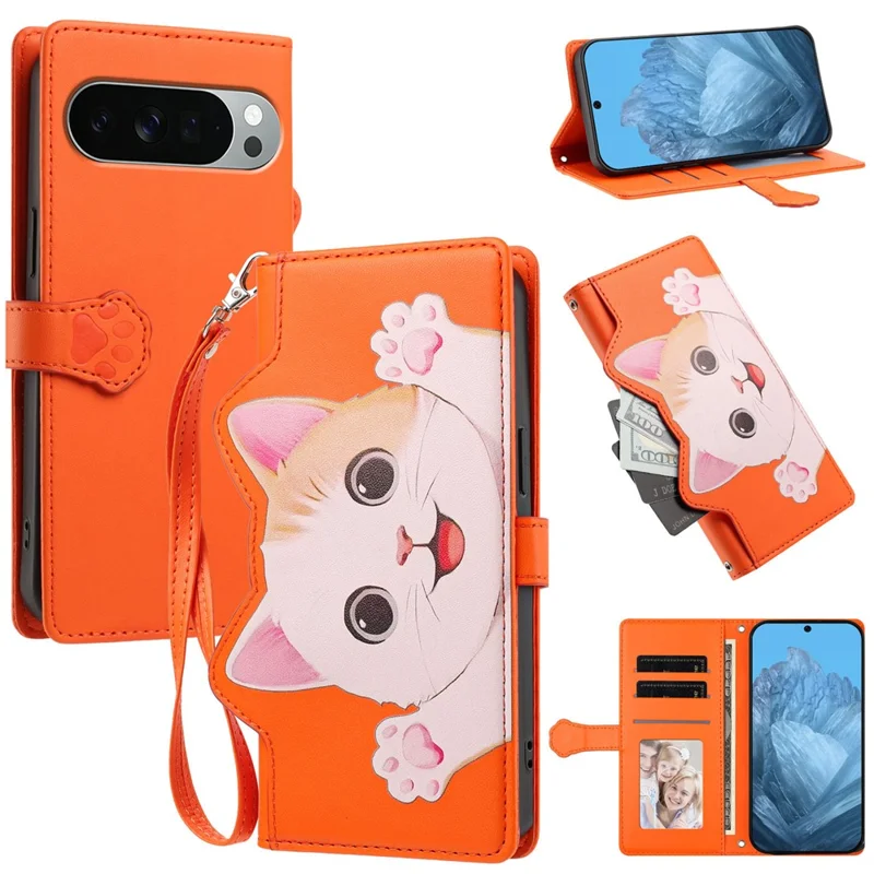 For Google Pixel 11 Pro XL Case Cute Cat Pattern PU Leather Flip Wallet Phone Cover with Wrist Strap - Orange