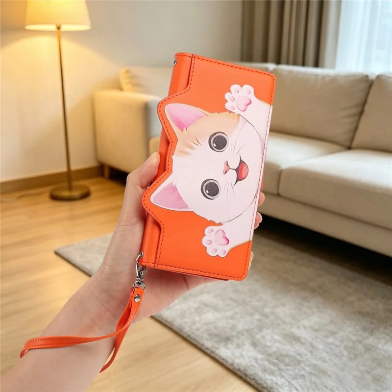 For Google Pixel 11 Pro XL Case Cute Cat Pattern PU Leather Flip Wallet Phone Cover with Wrist Strap - Orange