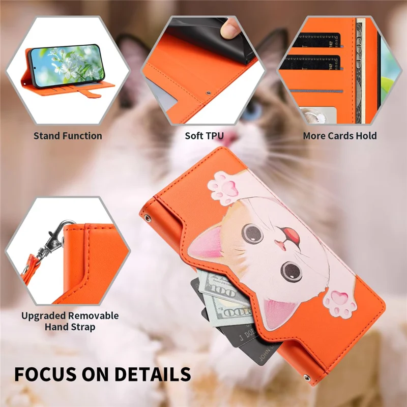 For Google Pixel 11 Pro XL Case Cute Cat Pattern PU Leather Flip Wallet Phone Cover with Wrist Strap - Orange