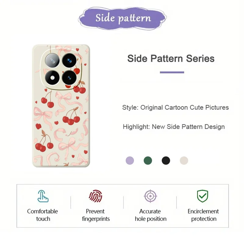Obudowa do Xiaomi Redmi Note 15 5G (Global) / Poco M8 5G z dużym warkoczem, nadrukiem wiśni, proste krawędzie, tył z tworzywa TPU – beżowy