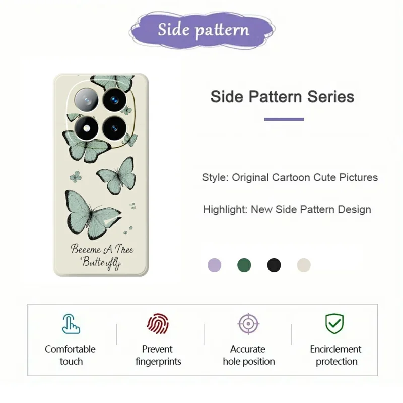 Capa para Xiaomi Redmi Note 15 Pro 5G (Global) com Impressão de Padrão de Borboleta Verde, Borda Reta, TPU, Capa Traseira para Telemóvel - Bege