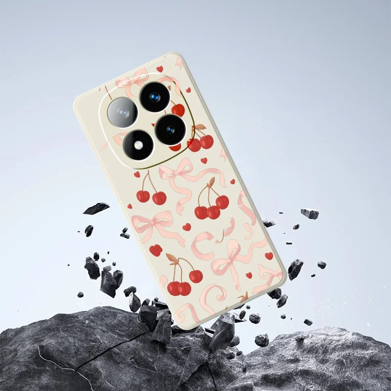 Til Xiaomi Redmi Note 15 Pro+ 5G (Global) / Poco M8 Pro 5G Etui med stort buekransekirsebærmønster, lige kanter, TPU bagside - beige
