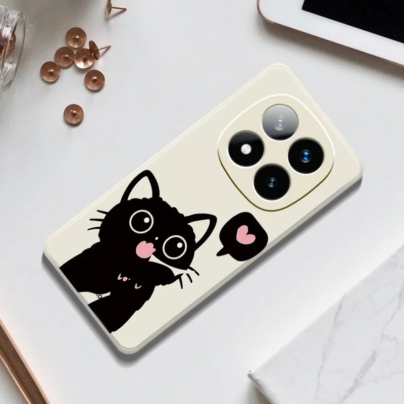 Til Xiaomi Redmi Note 15 Pro+ 5G (Global) / Poco M8 Pro 5G Hylster med Print af Sort Kat i Kærlighedsmønster og Lige Kant TPU Telefon Bagdæksel - Beige