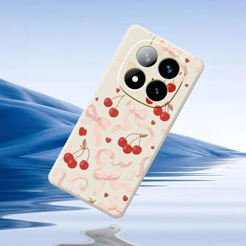 Til Xiaomi Redmi Note 15 Pro 4G (Global) Etui med stort bue- og kirsebærprint Lige kanter TPU bagside til telefon - beige