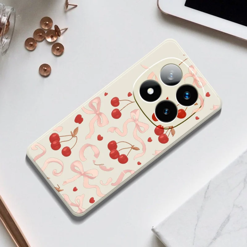 Til Xiaomi Redmi Note 15 Pro 4G (Global) Etui med stort bue- og kirsebærprint Lige kanter TPU bagside til telefon - beige