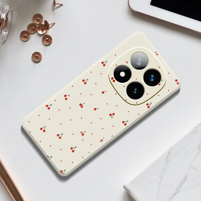 Beskyttelsesdæksel til Xiaomi Redmi Note 15 Pro 4G (Global) med rød kirsebærprint, lige kanter, TPU bagside - beige