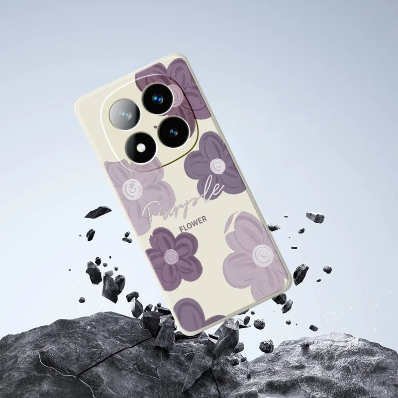Til Xiaomi Redmi Note 15 Pro 4G (Global) Taske med Lilla Blomstermønster Rektangulær Kant TPU Bagdæksel - Beige