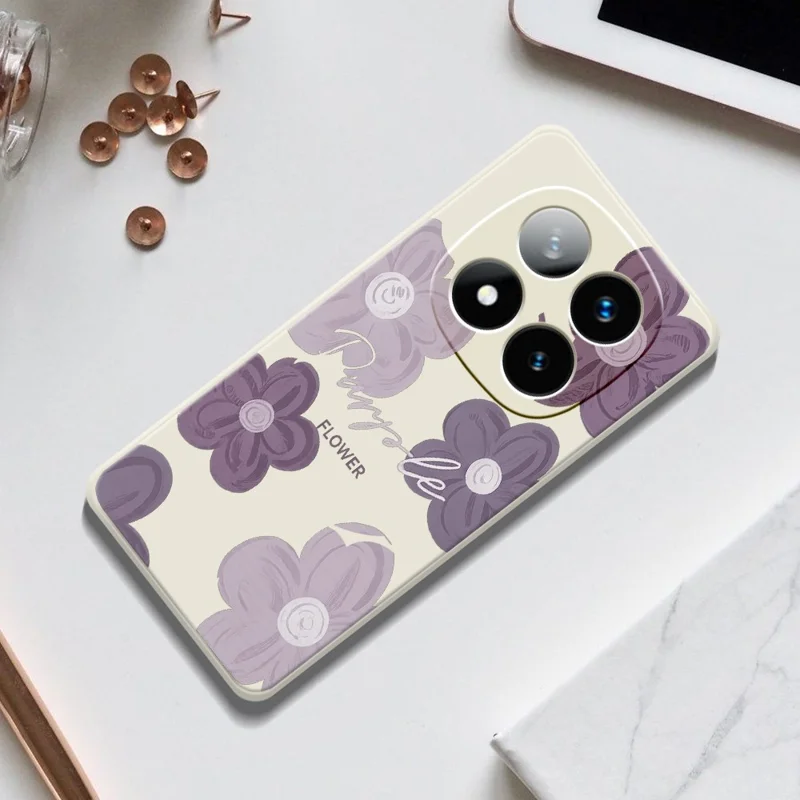 Til Xiaomi Redmi Note 15 Pro 4G (Global) Taske med Lilla Blomstermønster Rektangulær Kant TPU Bagdæksel - Beige