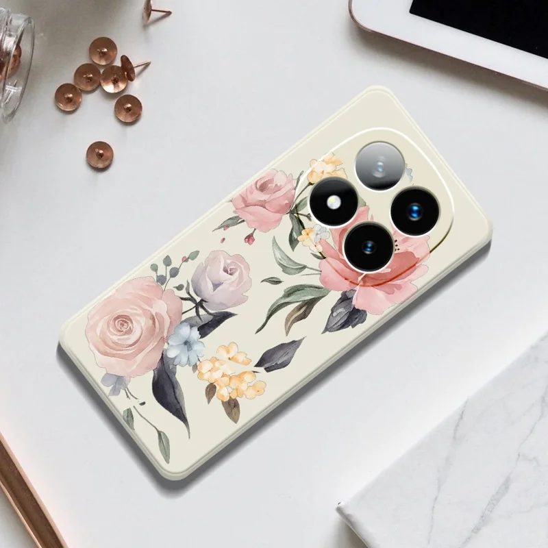 Beskyttelse til Xiaomi Redmi Note 15 Pro 4G (Global) med store blomster, print, lige kanter, TPU bagside - beige