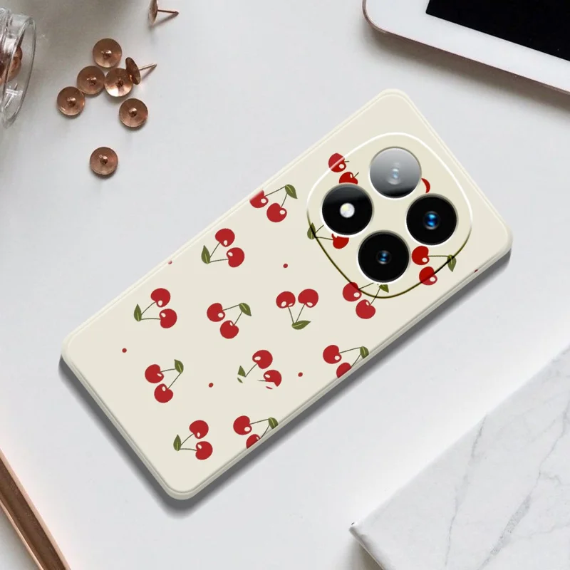 غطاء خلفي لهاتف Xiaomi Redmi Note 15 Pro 4G (عالمي) بطباعة نمط الكرز وحواف مستقيمة من مادة TPU - بيج