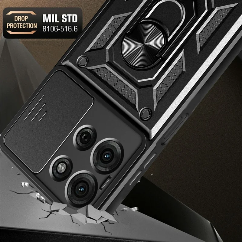 For Motorola Moto G75 5G tilbehør med skydelåg til kamera PC + TPU støttebeslag telefonbeskyttelse - Sort