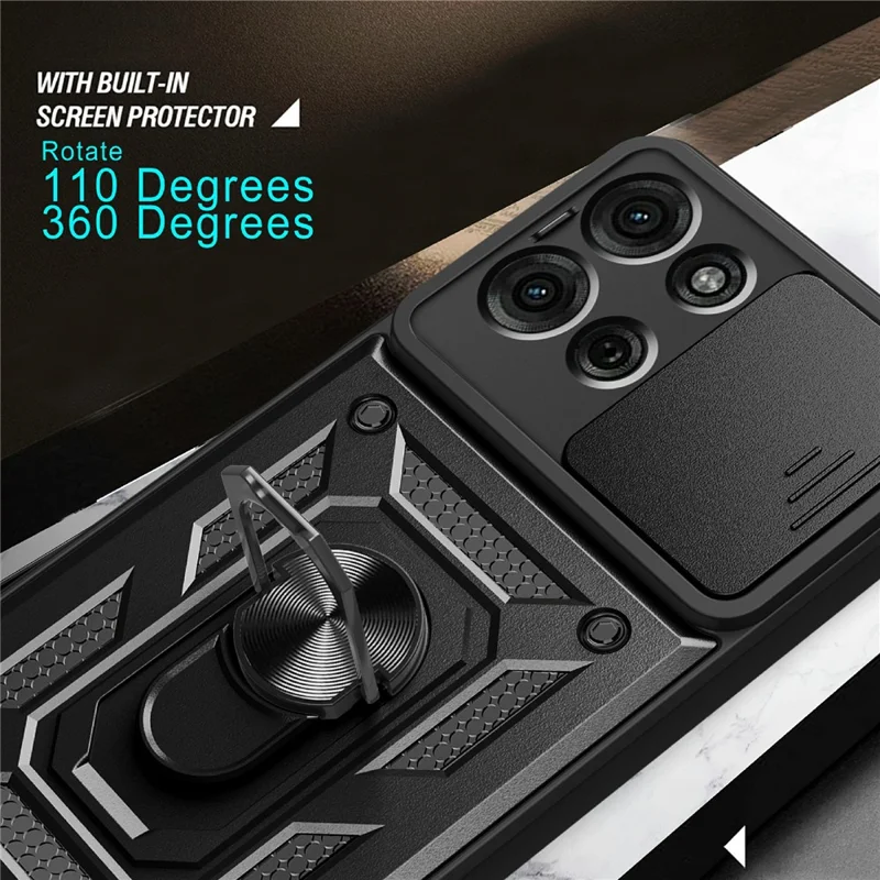 For Motorola Moto G75 5G tilbehør med skydelåg til kamera PC + TPU støttebeslag telefonbeskyttelse - Sort