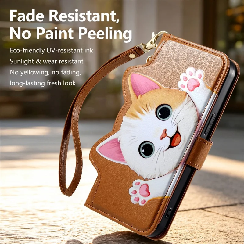 For Xiaomi 17T Case Cute Cat Pattern PU Leather Wallet Phone Cover with Wrist Strap - Brown