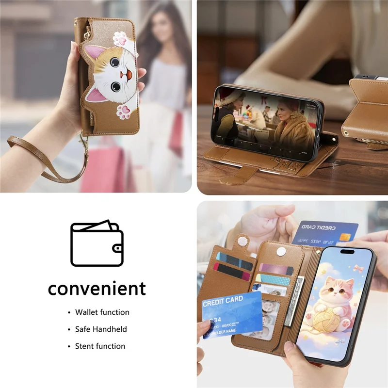For Xiaomi 17T Case Cute Cat Pattern PU Leather Wallet Phone Cover with Wrist Strap - Brown