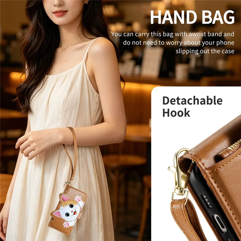 For Xiaomi 17T Case Cute Cat Pattern PU Leather Wallet Phone Cover with Wrist Strap - Brown
