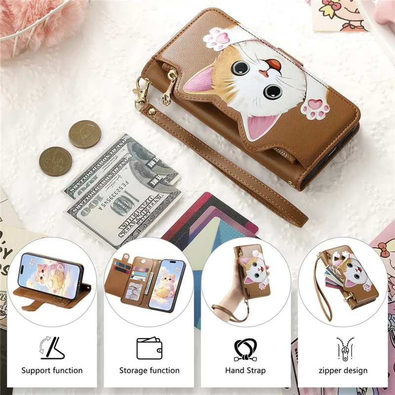 For Xiaomi 17T Case Cute Cat Pattern PU Leather Wallet Phone Cover with Wrist Strap - Brown