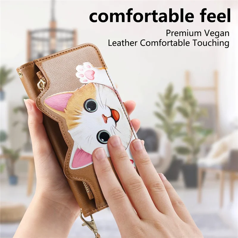 For Xiaomi 17T Case Cute Cat Pattern PU Leather Wallet Phone Cover with Wrist Strap - Brown