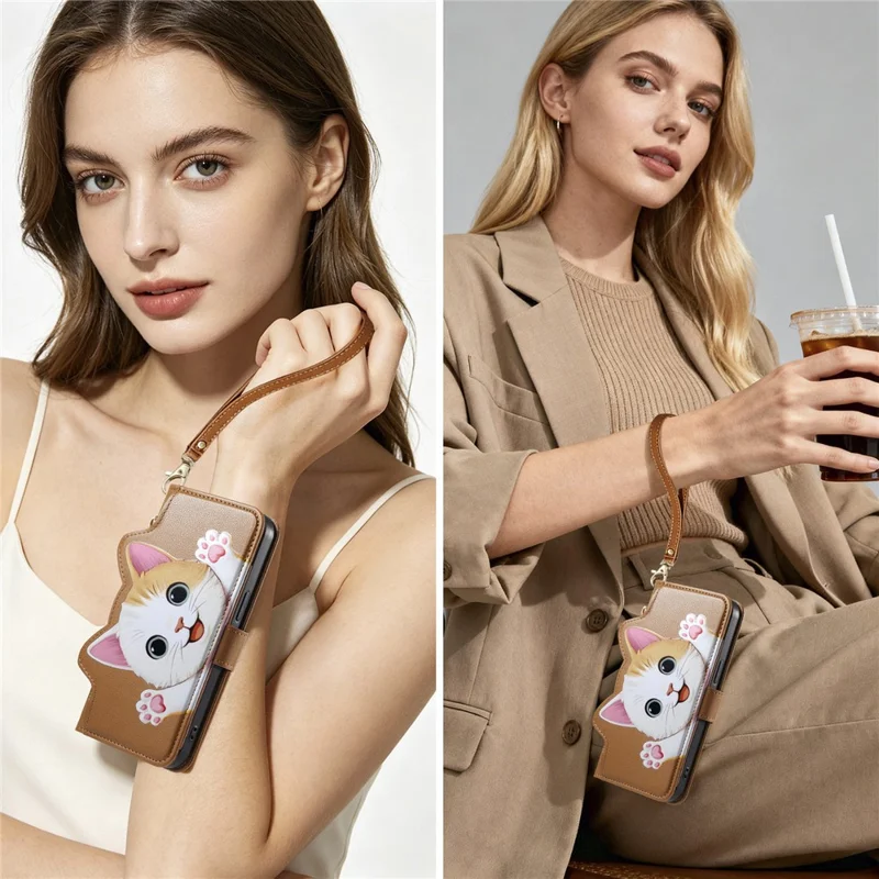 For Xiaomi 17T Case Cute Cat Pattern PU Leather Wallet Phone Cover with Wrist Strap - Brown